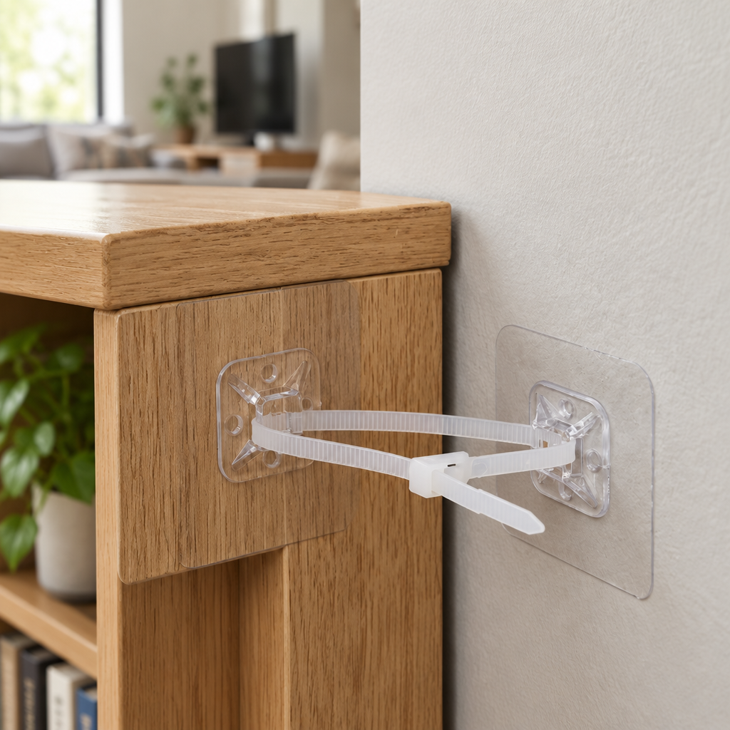 No-Drill Anti-Tip Furniture Buckle - Adhesive Anchor Straps for Dressers, Cabinets & Cable Organizing