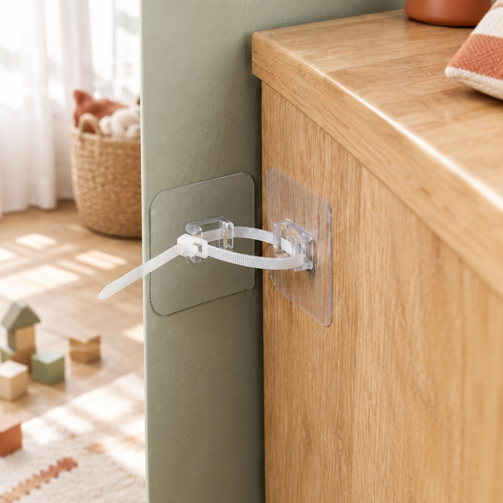 No-Drill Anti-Tip Furniture Buckle - Adhesive Anchor Straps for Dressers, Cabinets & Cable Organizing