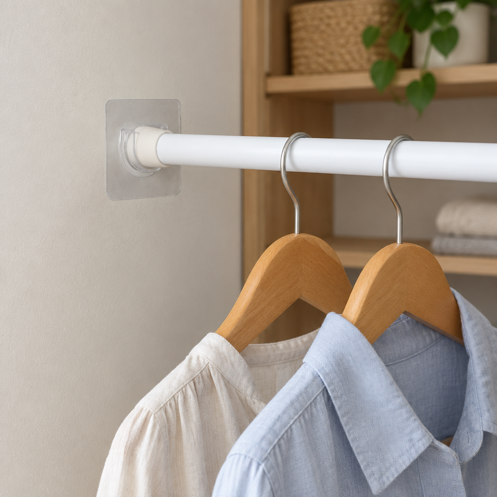 No-Drill Tension Rod Bracket Hooks - Strong Adhesive Hooks for Curtains, Kitchen & Bathroom Rods